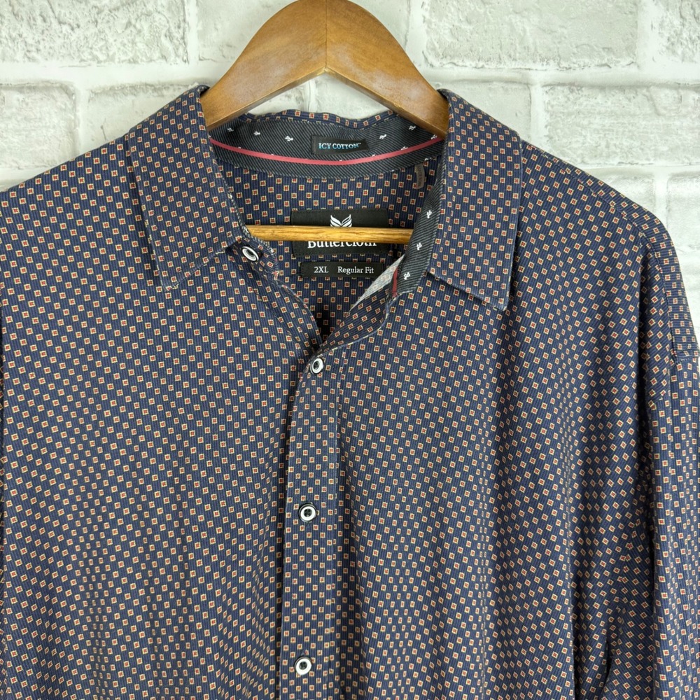Buttercloth Icy Cotton Mens 2XL Regular Fit Navy Geometric Diamond Button Down